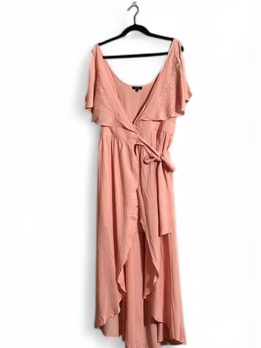 Verty Dress Sz L Peach Slit Sleeves Embroidered Collar Wrap Frt Flowy Coverup